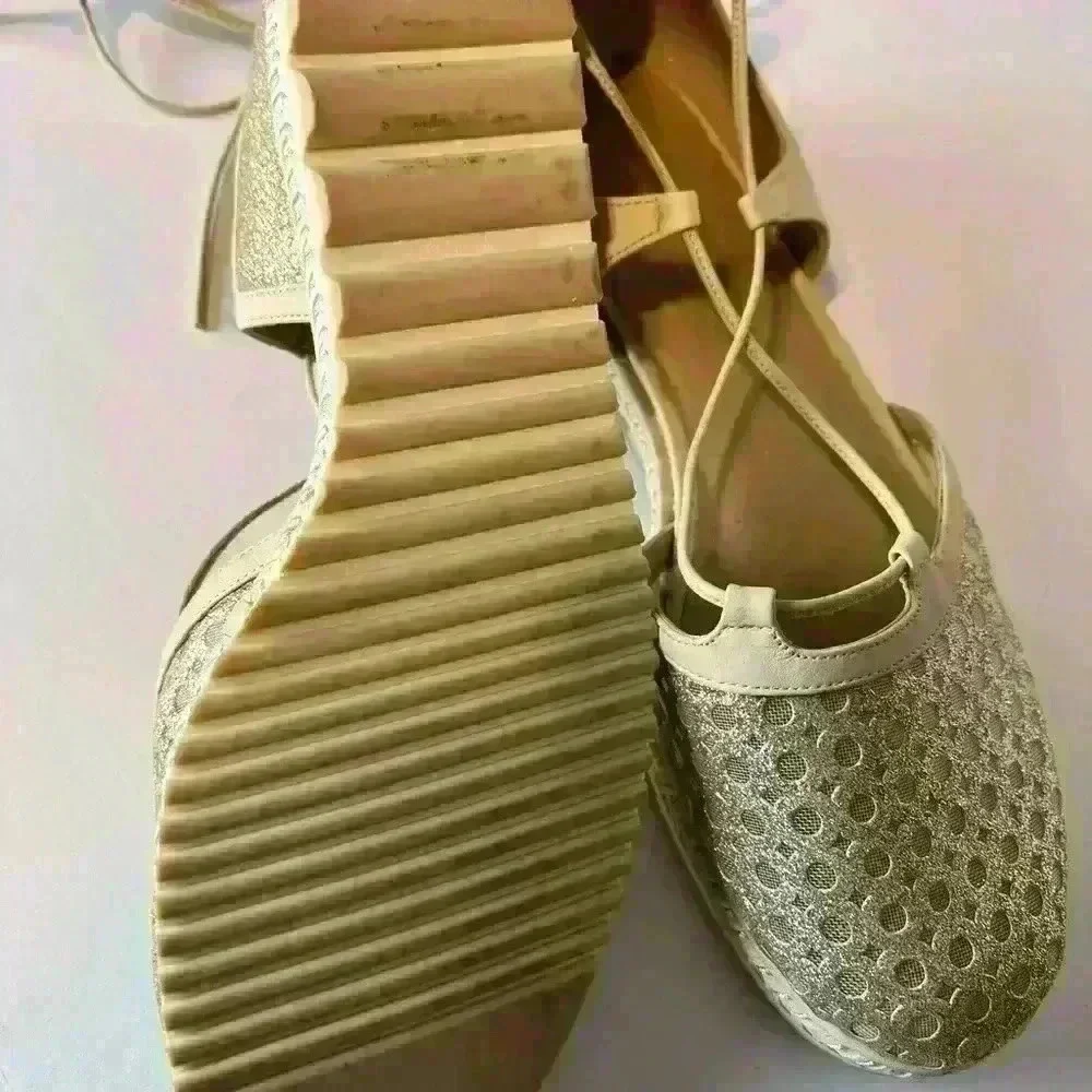 Stuart Weitzman Espadrille with Mesh and Leather Strap-Up Laces.